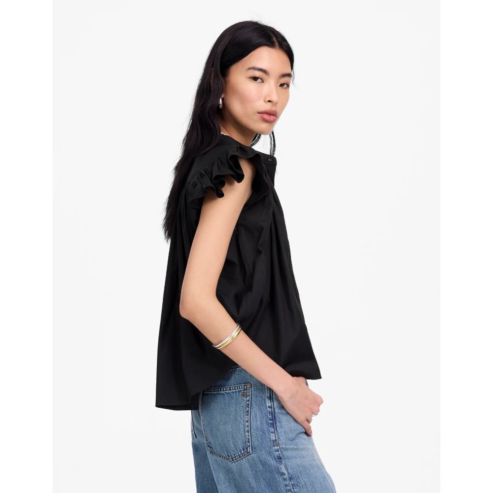 Madewell Poplin Shirred Button Up Shirt Womens XS Jet Black Blouse - Picture 4 of 16